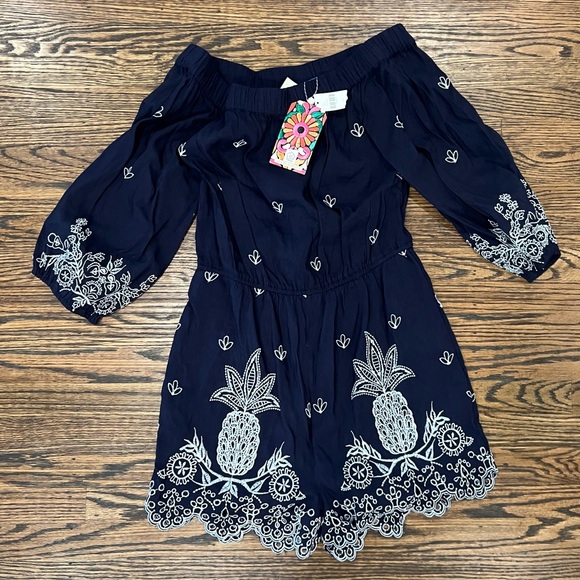 Farm Rio Embroidered Linen Romper Pineapple Anthropologie Jackie Navy Size S NEW - Picture 4 of 5